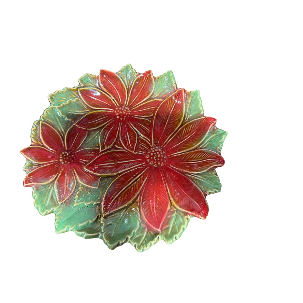 Vintage Majolica Style Ceramic Poinsettia Plate Red Green Holiday Wall Decor